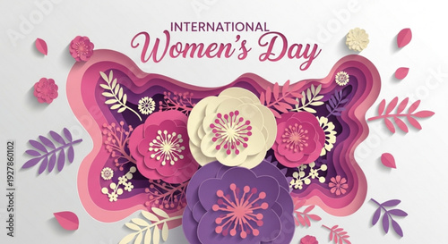 International women's day celebration with pink purple and white flowers on gray background
