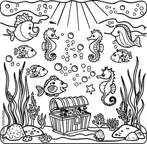 Underwater Treasure Hunt with Seahorses and Colorful Fish