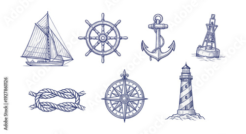 Nautical sailing day line art illustrations set.