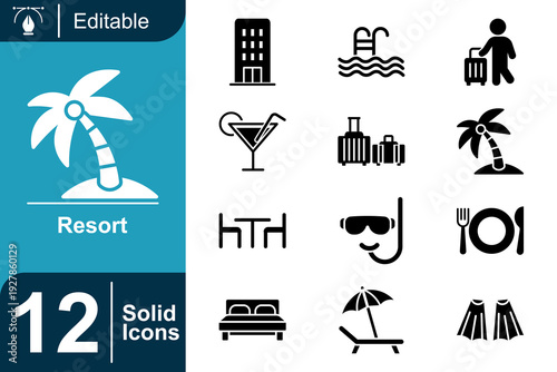 Collection of twelve solid resort icons featuring hotel, swimming pool, luggage, drinks, dining table, mask, snorkel, bed, lounge chair, umbrella, and flippers for travel and vacation themes