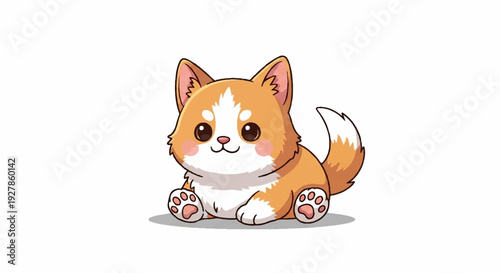 Cute orange and white cartoon puppy dog sitting on ground with big eyes and floppy ears on white background