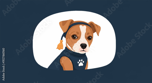 Cute dog wearing headphones and a t shirt with a paw print on a dark background