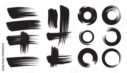 Black ink brush strokes and zen circles collection on white background for minimalist design layout
