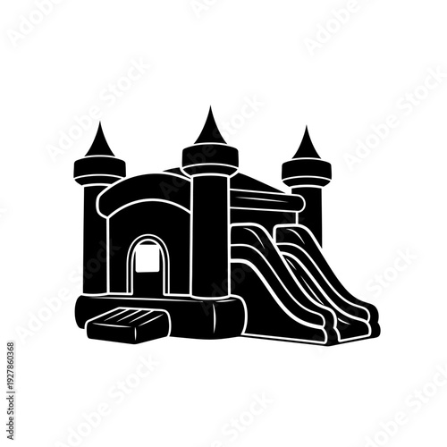 Black and white icon illustration of a bouncy castle with a slide and turrets