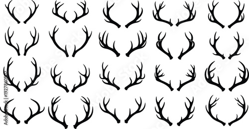 Deer antler silhouettes mega collection, black stag horn variations isolated on white background vector illustration set for hunting emblem and logo design