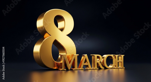 Golden 3d number 8 and march text on dark background symbolizing international women's day