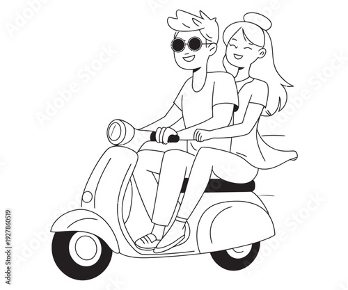 Couple riding scooter together happily on white background, sunny day