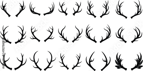 Deer antlers silhouette collection set, black stag horn shapes isolated on white background vector illustration for hunting logo and wildlife design