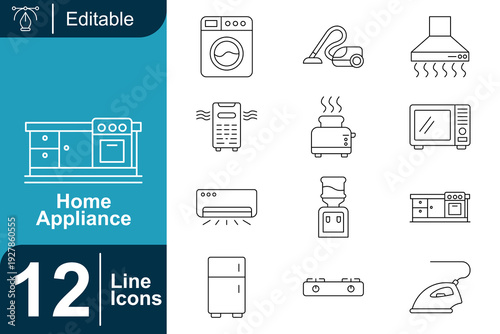 Collection of 12 home appliance line icons, representing kitchen, laundry, and comfort devices for a clean and modern living space