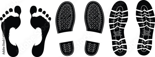 Human barefoot and shoe sole footprint silhouettes set, black walking track impressions isolated on white background vector illustration collection
