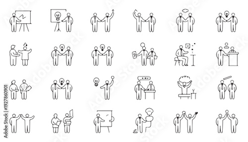 Business people in meeting presentation and collaboration icons set vector