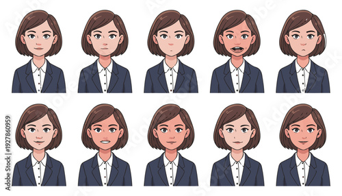 Young woman in suit showing various emotions facial expressions and skin tones for avatar creation or social media