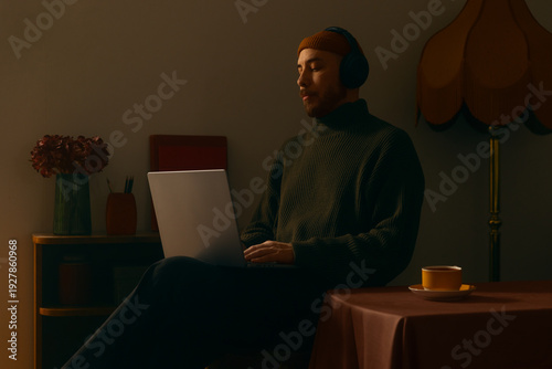Man in a turtleneck and beanie wearing headphones, working on a laptop in a cozy, dimly lit interior with warm vintage vibes and a moody atmosphere.