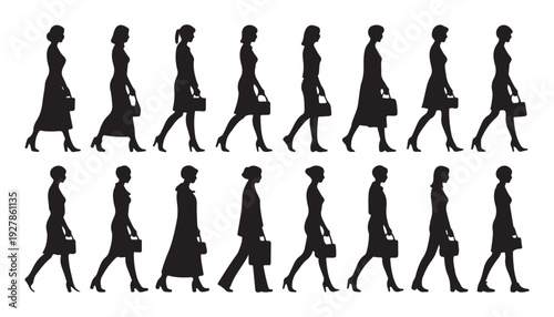 Woman walking silhouette collection featuring various feminine poses with handbags on white background