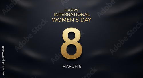 Happy international women's day march 8th celebration background with gold text and number eight on black