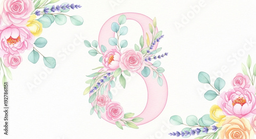 Pink floral number eight decoration with roses and leaves on white background for design