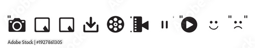 Camera symbol, picture icon, download sign, film reel, video recorder, pause button, play icon, happy and sad face emoticons