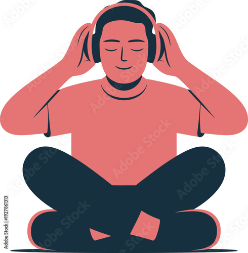 Person sitting cross-legged wearing headphones and smiling with eyes closed