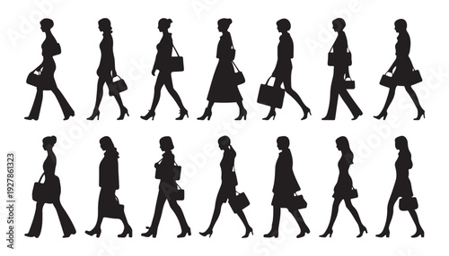 Female walking silhouette set showing different styles of carrying bags and shoulder purses in black
