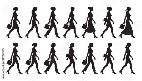 Silhouette of women walking with handbags collection showcasing different feminine profiles in black