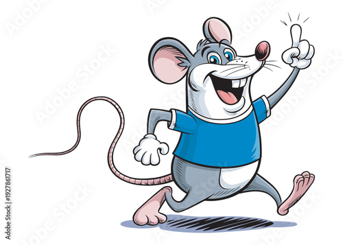 Cartoon gray mouse with a happy expression and a raised finger indicating an idea