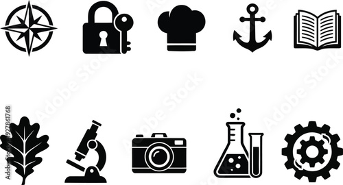 Business and science icon set collection featuring compass lock chef anchor book leaf microscope and technology