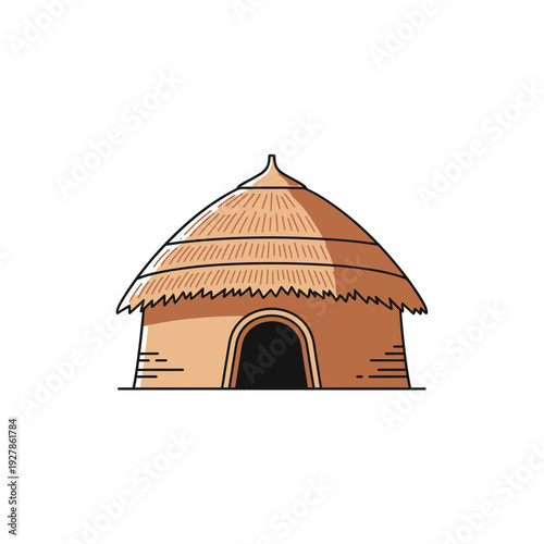 A stylized illustration of a traditional round hut with a thatched roof and simple design