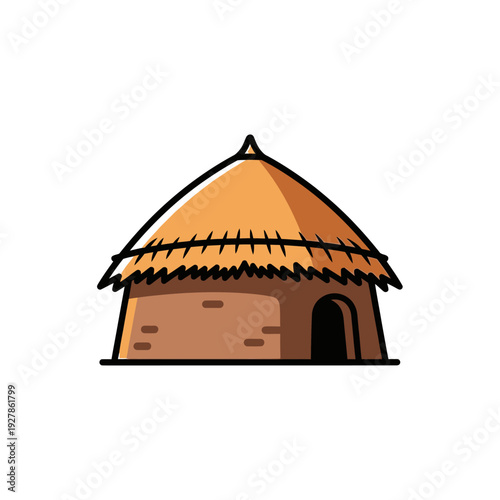 A simple illustration depicts a traditional thatched roof hut with a rounded design