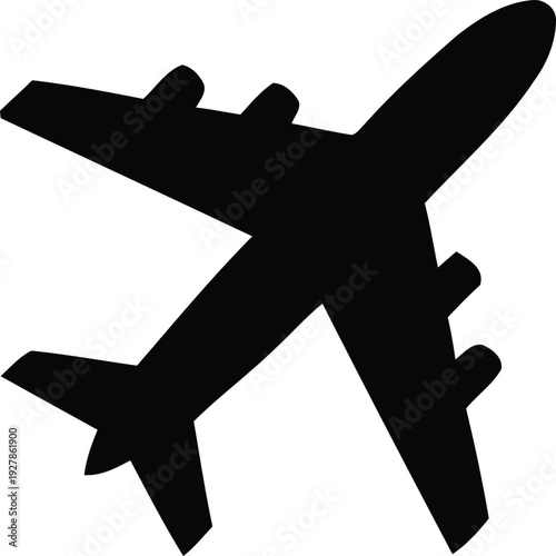 Black silhouette of airplane flying through transparent background, isolated image of jet, travel icon or symbol