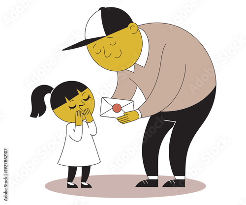 Mailman delivering letter to happy surprised little girl, close up, receiving mail