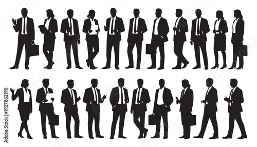 Collection of business silhouettes, men and women in suits with briefcases, in various poses for professional context.