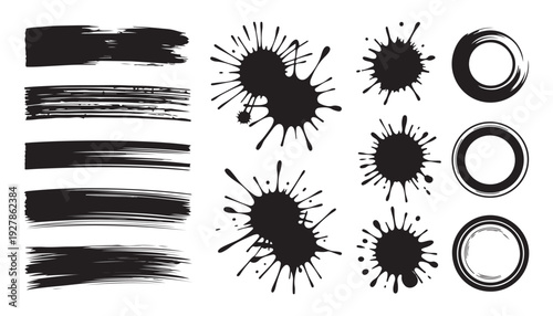 Grunge ink splatter and brush stroke collection for artistic design and messy paint texture concepts
