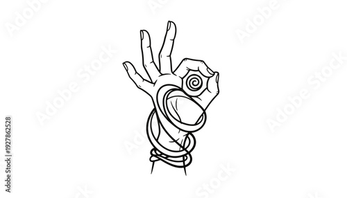 A hand forms an okay symbol with a spiral design on the thumb.