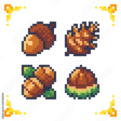 A set of pixel art icons featuring forest resources: acorn, pinecone, hazelnut, and chestnut. Ideal for survival foraging mechanics, crafting systems, and RPG inventory.