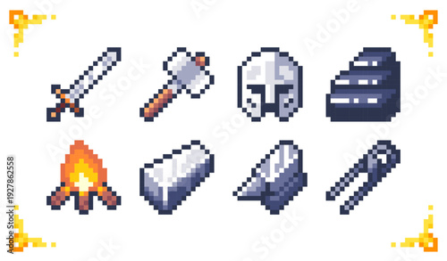 A set of pixel art blacksmith icons: sword, hammer, helmet, anvil, coal, campfire, iron ingot, and tongs. 8-bit forging assets for RPG inventory, weapon crafting mechanics, and UI design.