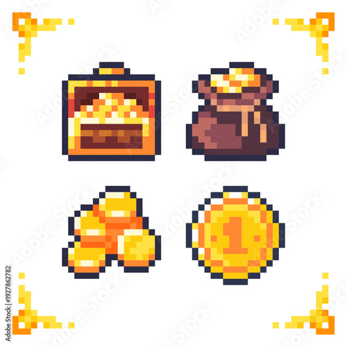 A set of pixel art coin icons: gold coin pile, money bag, treasure chest, and single coin. 8-bit currency assets for RPG economy systems, shop UI, and loot drops.
