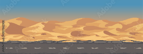 Seamless pixel art background of a desert road and sand dunes. Parallax scrolling layer for 2D side-scrolling racing games.