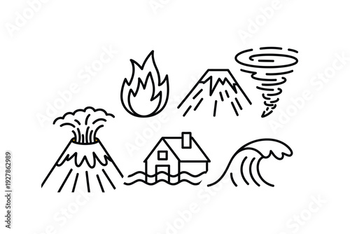 Disaster icon set with various natural calamities and a house