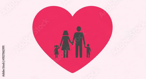Heart shaped symbol with family silhouettes representing love and togetherness