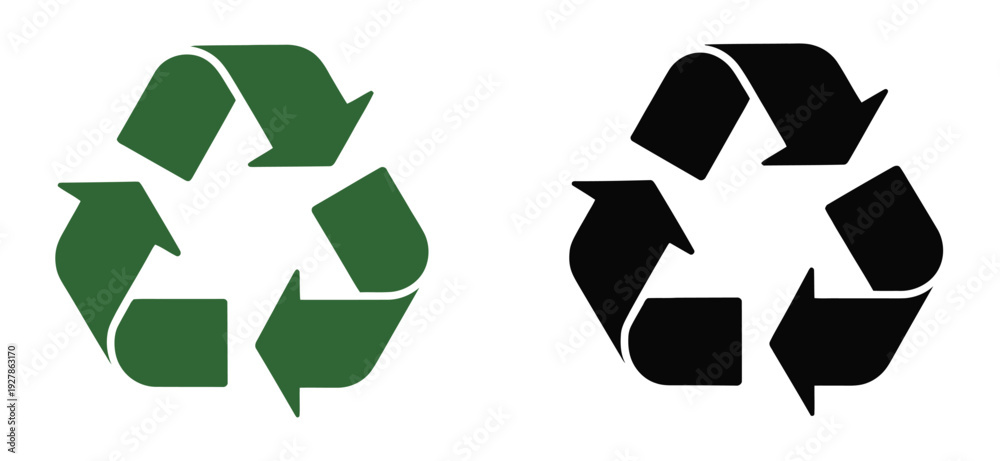 Obraz premium Recycling symbol in green and black color, featuring isolated recycle icons on white background for environmental and sustainability designs.