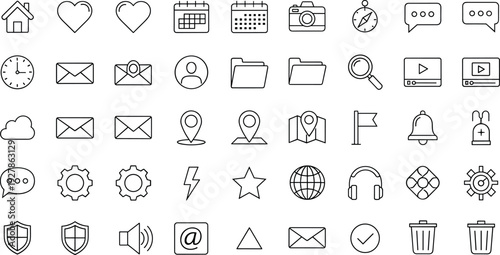 Outline User Interface Icon Set Featuring Navigation, Communication, Media, Location, Settings, and System Symbols for Websites, Mobile Apps, and Digital Platforms
