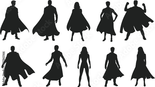 Collection of superhero silhouettes with flowing capes, comic style heroic figures isolated on white background, powerful fantasy characters in dynamic poses dramatic action concept