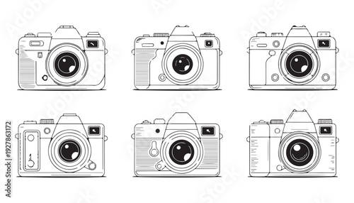 Vintage SLR camera line art illustrations showing detailed classic photography equipment front views