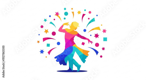 Woman dancing with colorful confetti and stars celebrating joy and freedom in a vibrant party atmosphere with dynamic movements