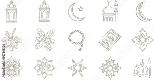 Intricate line drawings of islamic and arabic decorative motifs and symbols