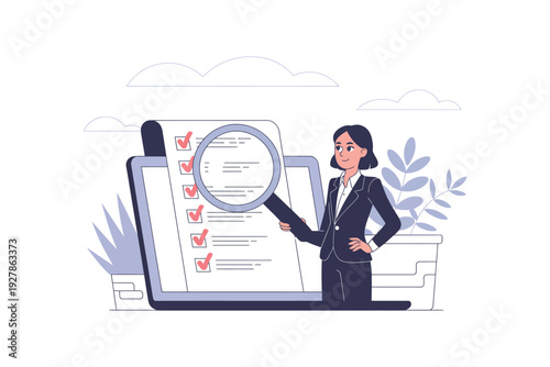 A businesswoman examines a checklist on a large laptop screen closely