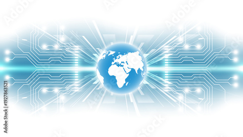 Futuristic Global Network Concept: Blue Digital Globe with Expanding Circuit Lines on White Background