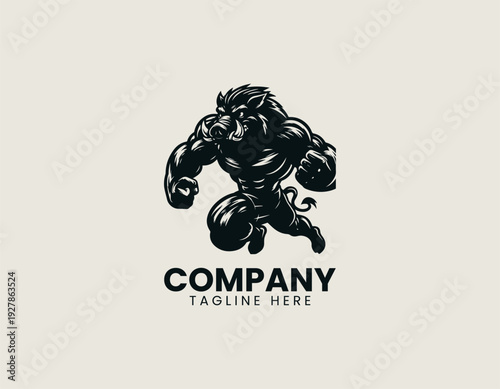 Muscular wild boar running with clenched fists black vector logo illustration