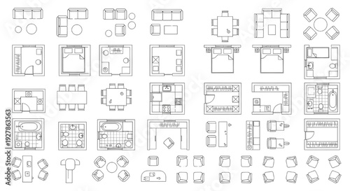 Floor Plan Furniture Outline Symbol Set in Thin Line Architectural Style