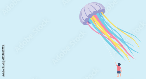 a child playing with a large jellyfish kite
